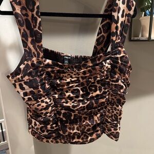 Express Leopard-Print Ruched Crop Tank Top in Brown and Black